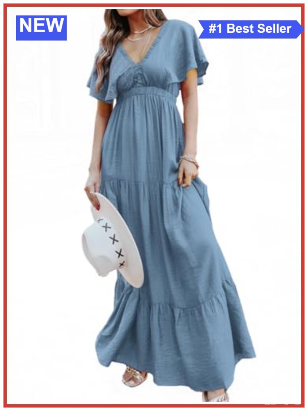 Women's Casual V Neck Floral Maxi Dress Boho Beach Ruffle Long